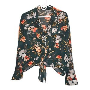 Adrianna Papell Green Floral Tie Front Sheer Button Up Blouse L Office Chic